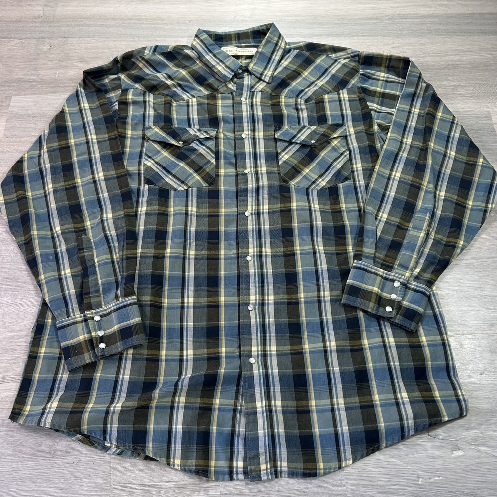 Bit & Bridle Shirt Mens 3XL Blue Plaid Long Sleeve Western Snap Button Up Casual